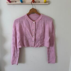 Cropped Pink Knit Cardigan with Pearl Buttons